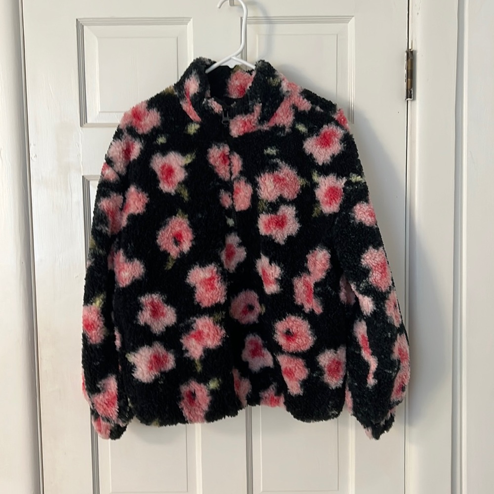 Flowered faux shearling half zip jacket